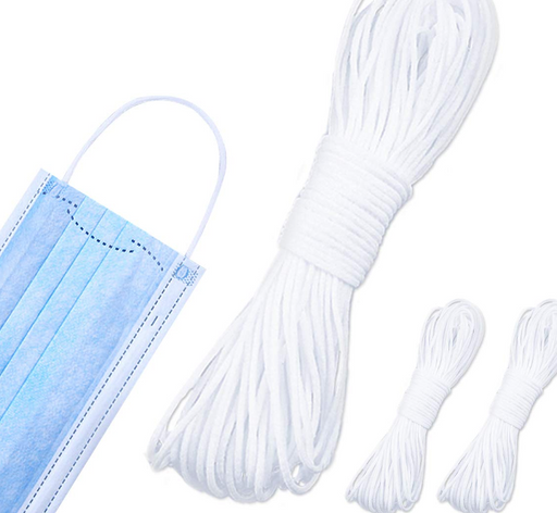 white knitted elastics and a blue face mask